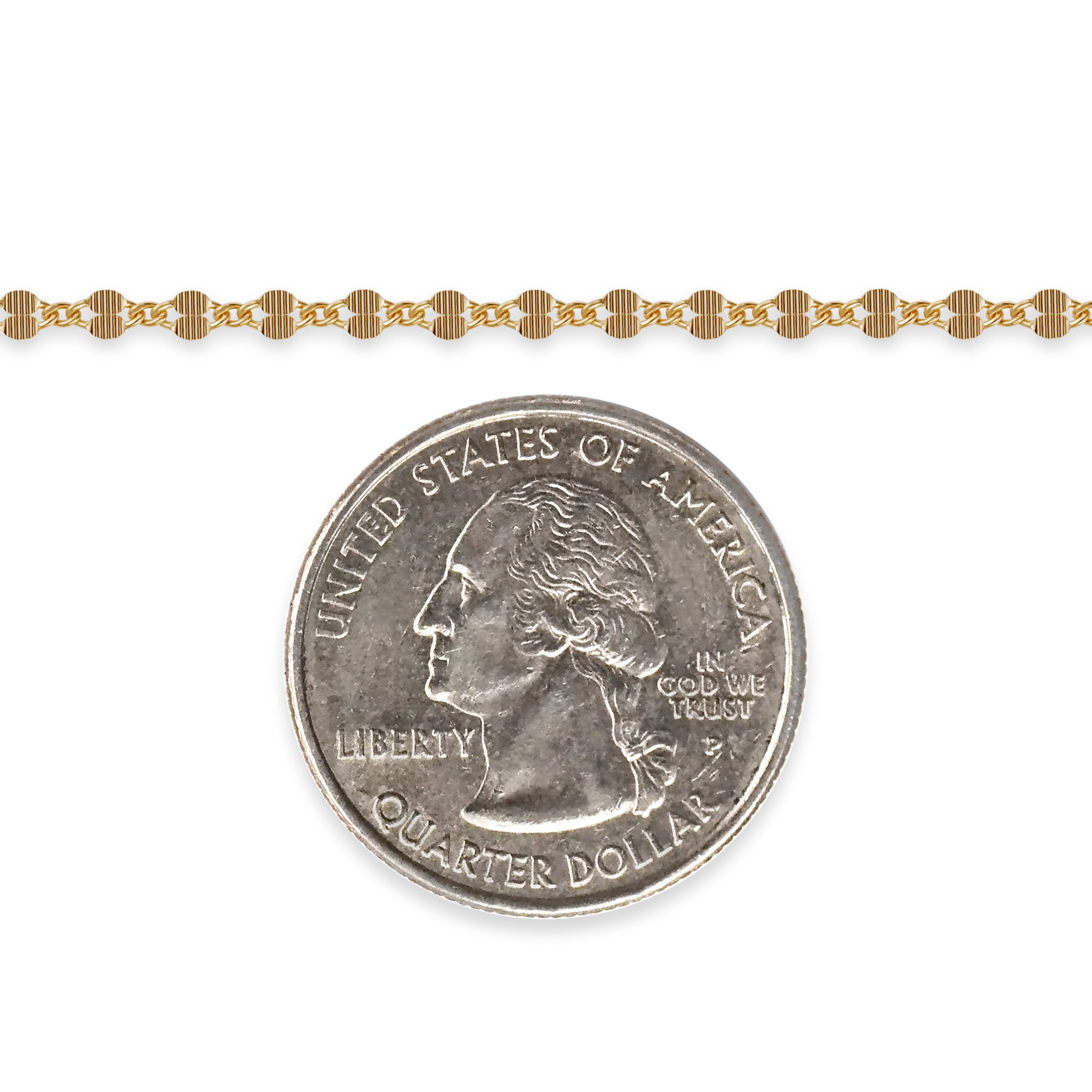 14/20 gold-filled chain next to a quarter dollar coin on a white background