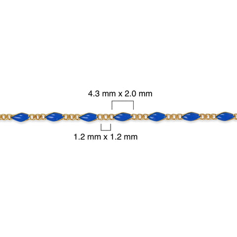 Gold filled chain with blue enamel and measurements on a white background