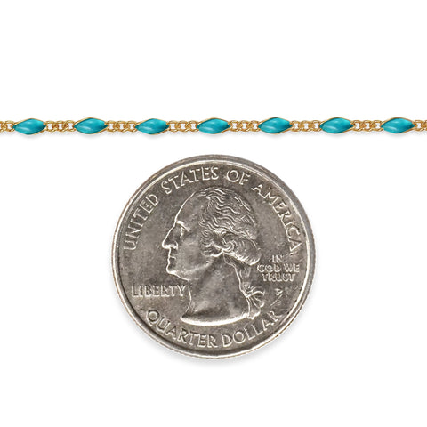Gold filled chain with turquoise enamel and a quarter dollar coin on a white background