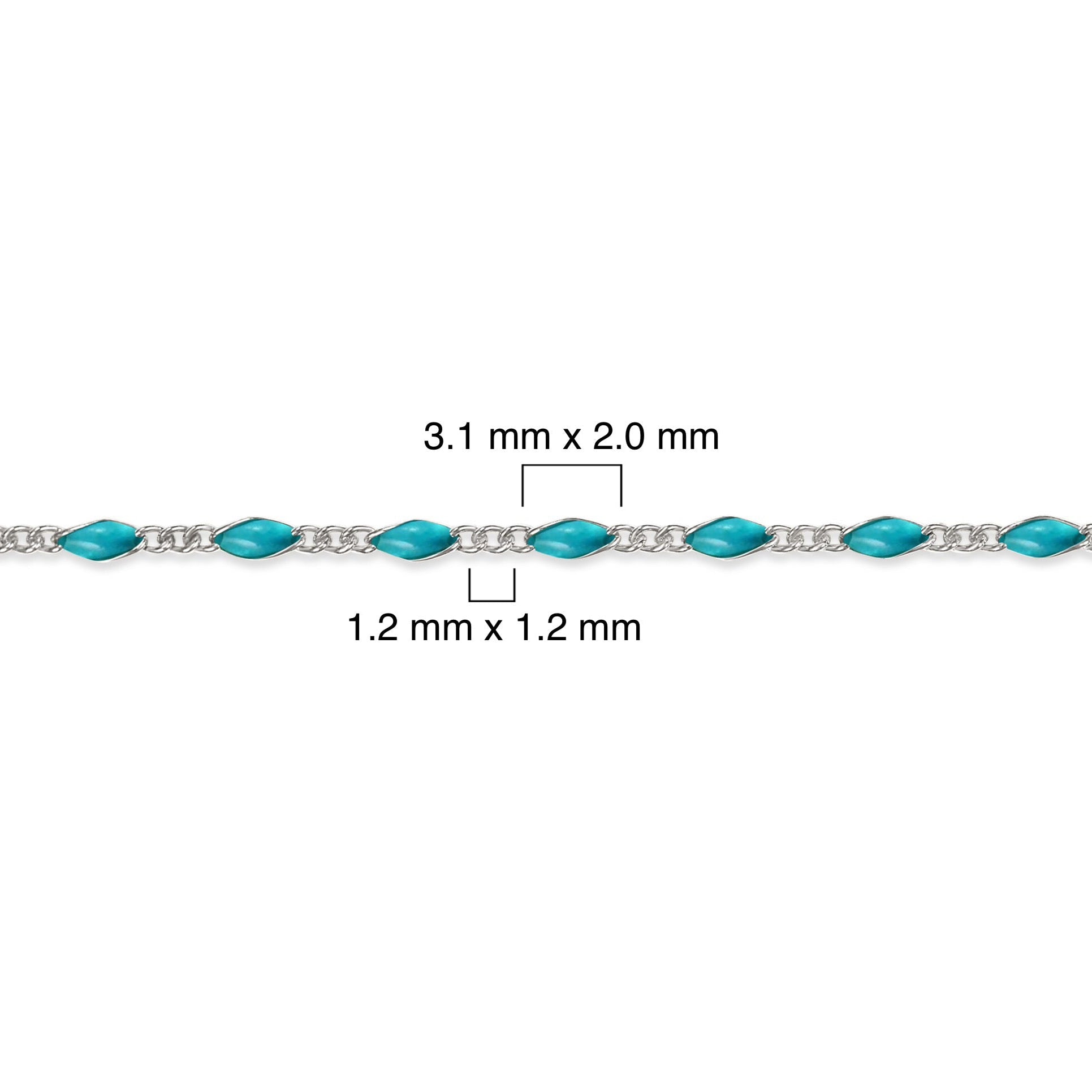 Sterling silver chain with sky blue enamel on a white background