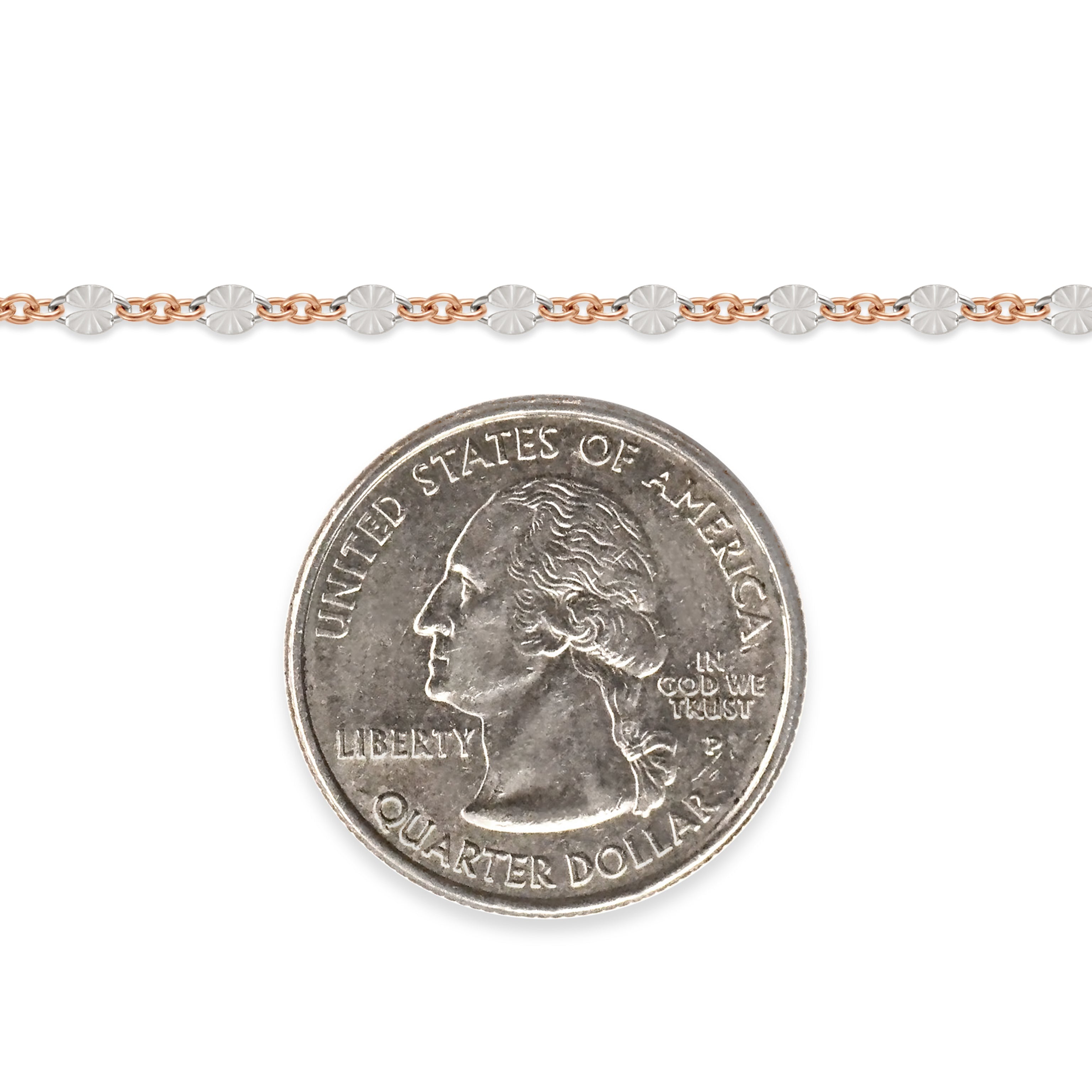 Rose gold filled and sterling silver chain next to a quarter on a white background