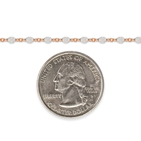 Rose gold filled and sterling silver chain next to a quarter on a white background