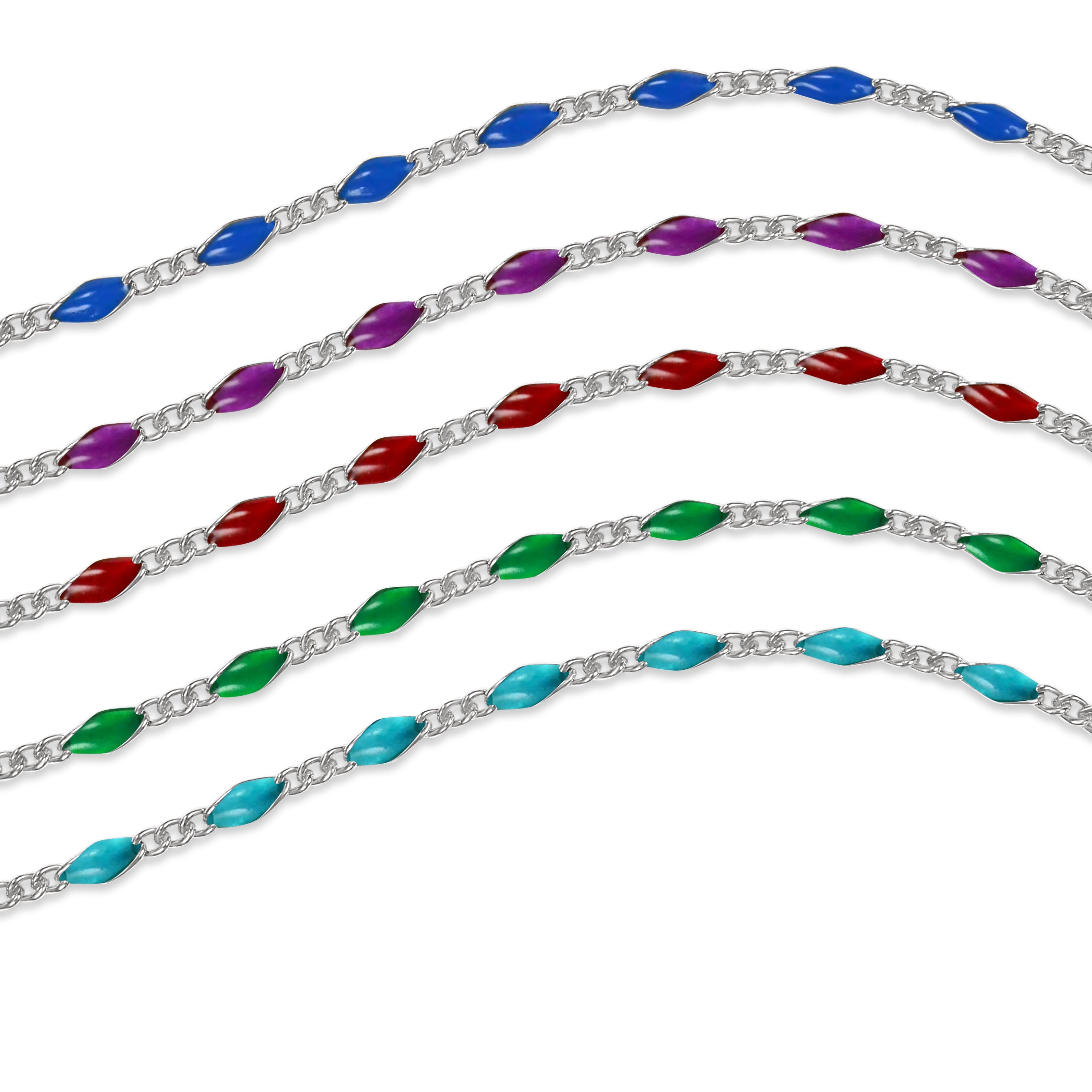 Sterling silver chains with colorful enamel options on a white background