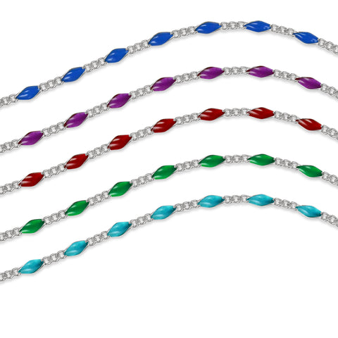 Sterling silver chains with colorful enamel options on a white background