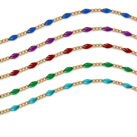 Gold filled chains with colorful enamel options on a white background