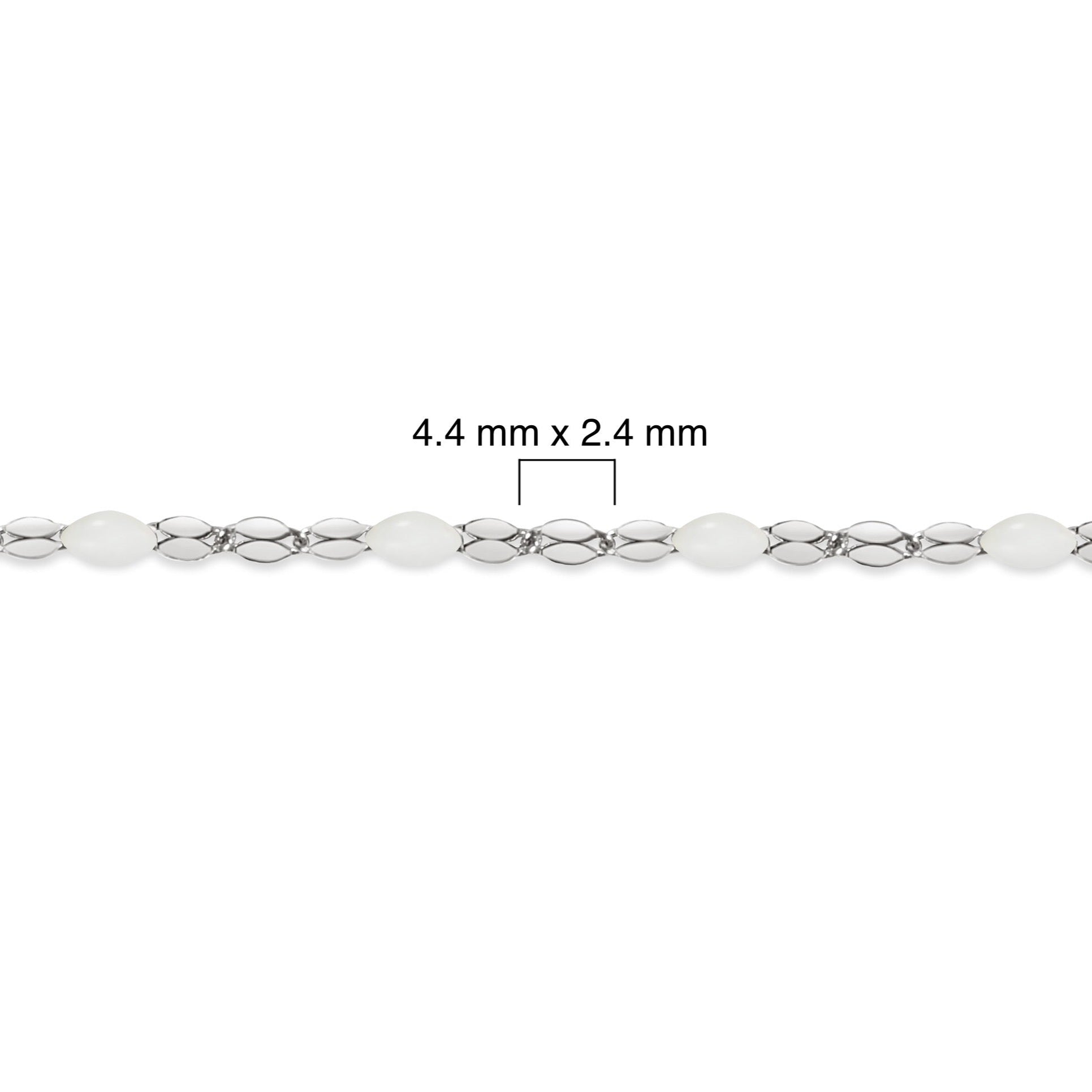 Silver chain with white enamel and measurement details on a white background