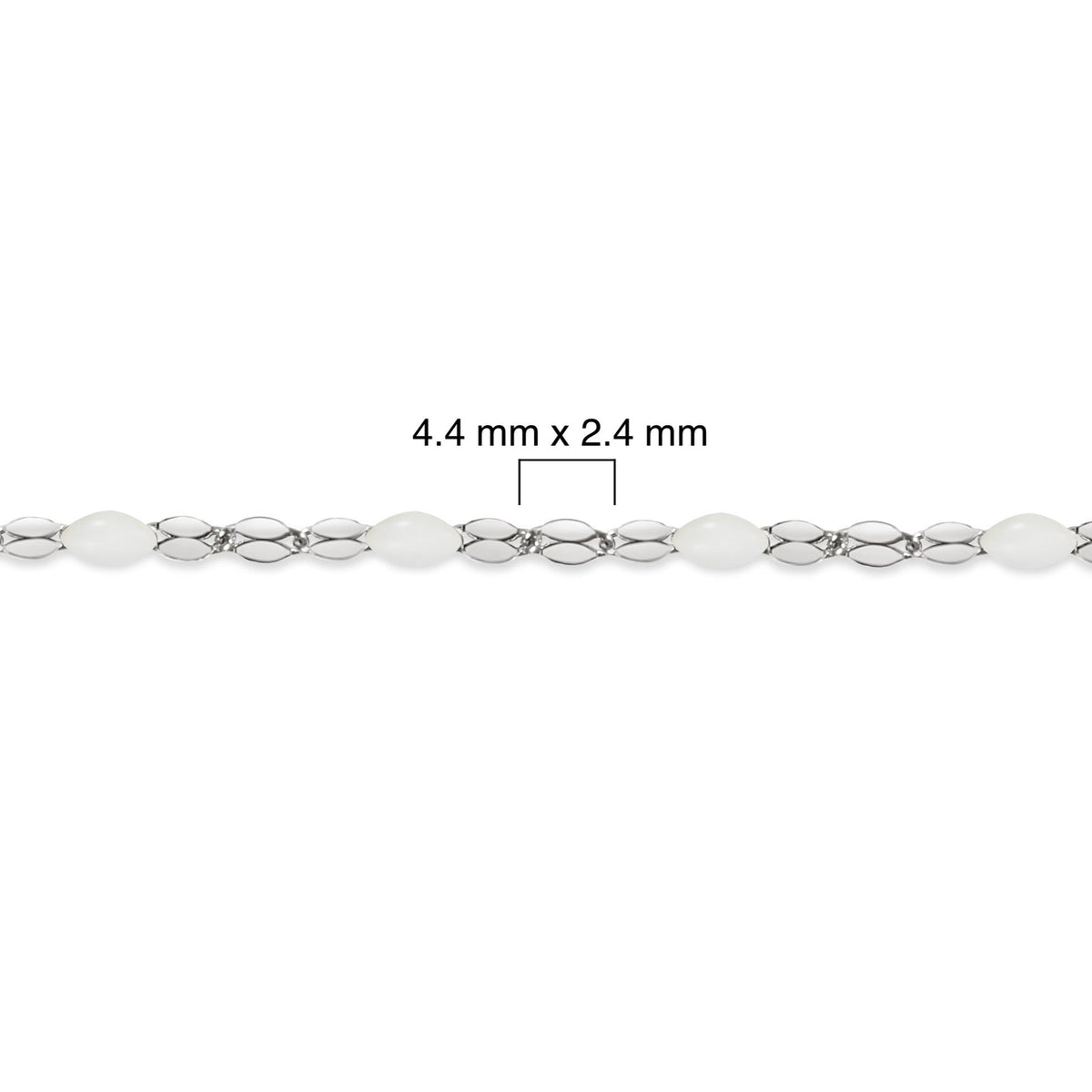 Silver chain with white enamel and measurement details on a white background