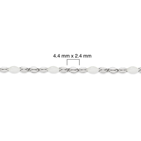 Silver chain with white enamel and measurement details on a white background