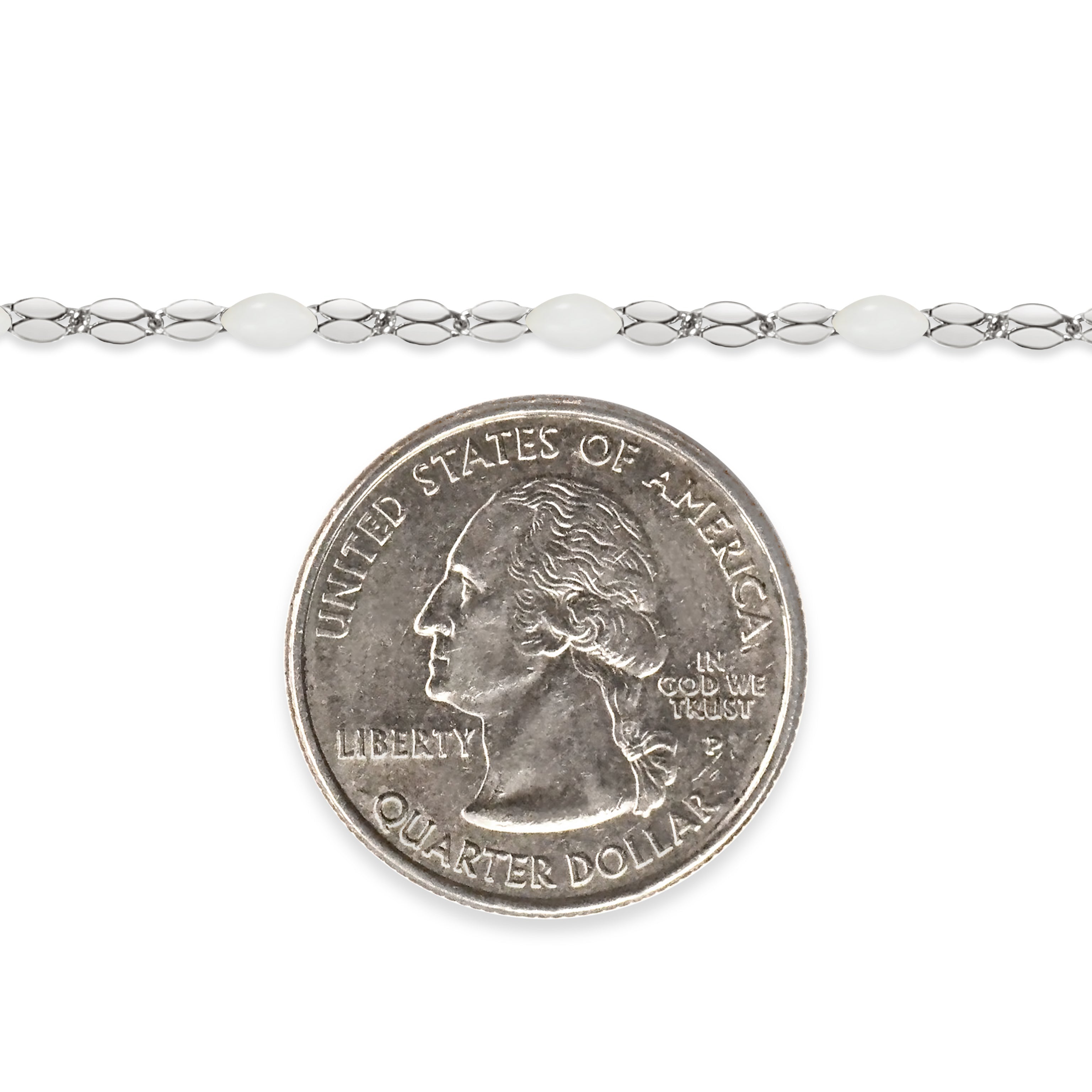 Silver chain with white enamel and a quarter dollar coin on a white background