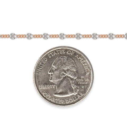 Rose gold-filled and sterling silver chain next to a quarter on a white background