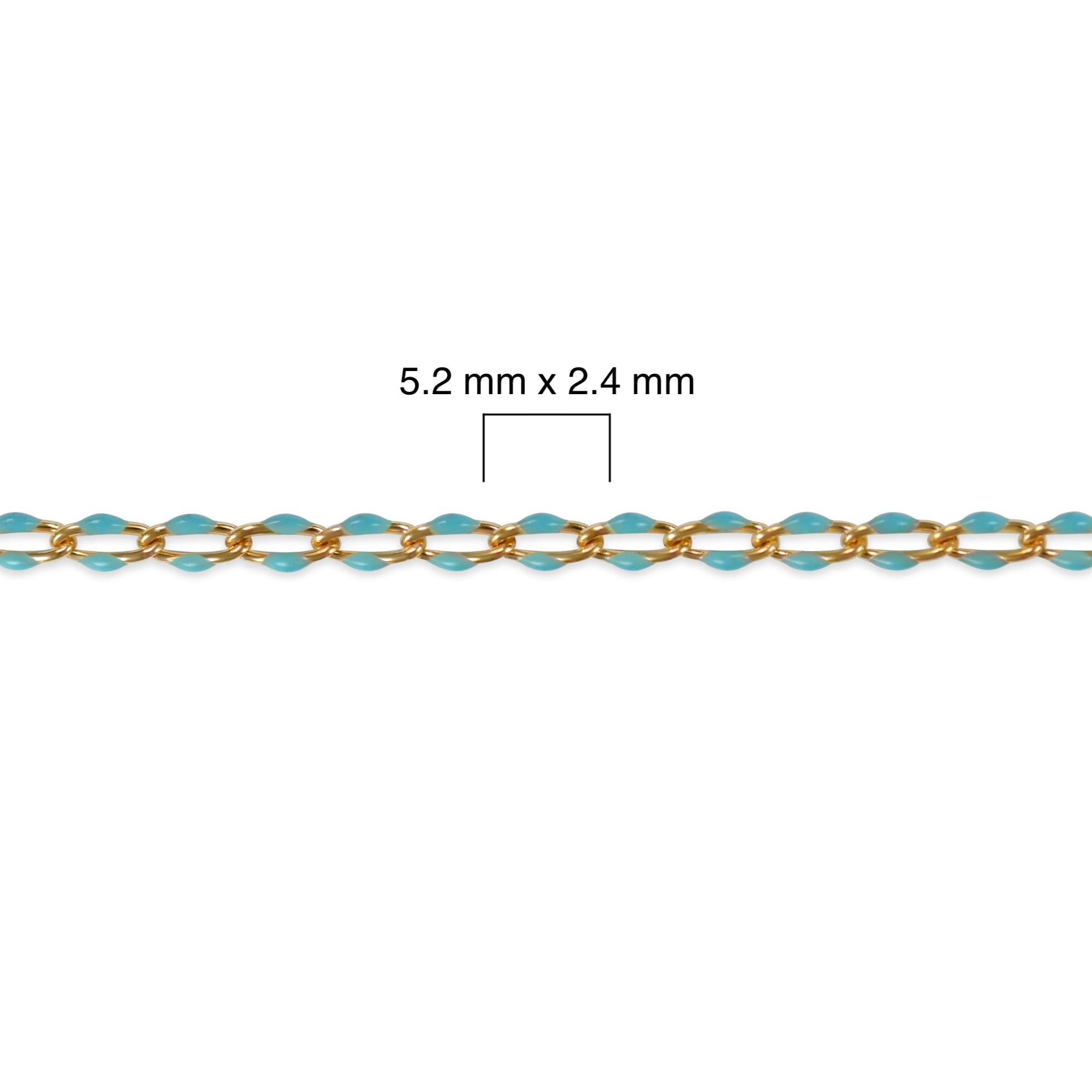Gold filled chain with blue enamel and measurement details on a white background