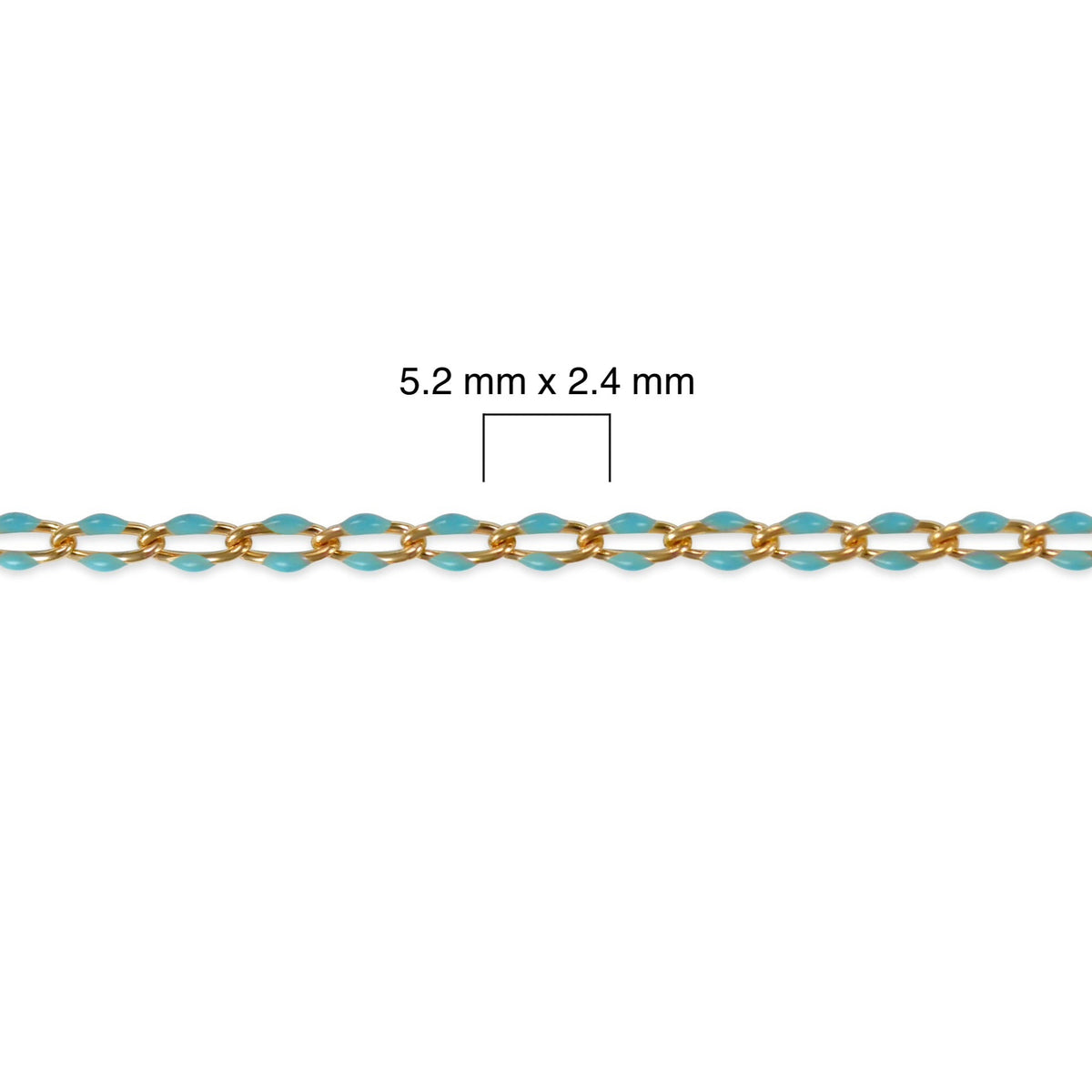 Gold filled chain with blue enamel and measurement details on a white background
