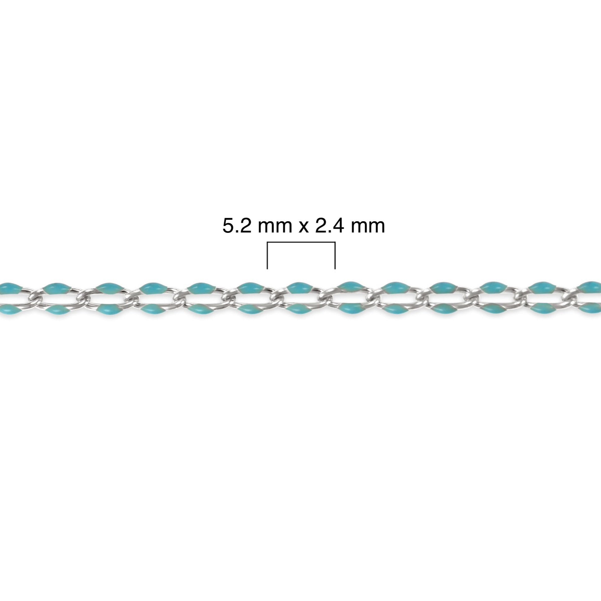 Silver chain with blue enamel and measurement details on a white background