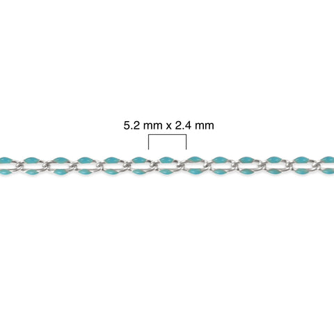 Silver chain with blue enamel and measurement details on a white background