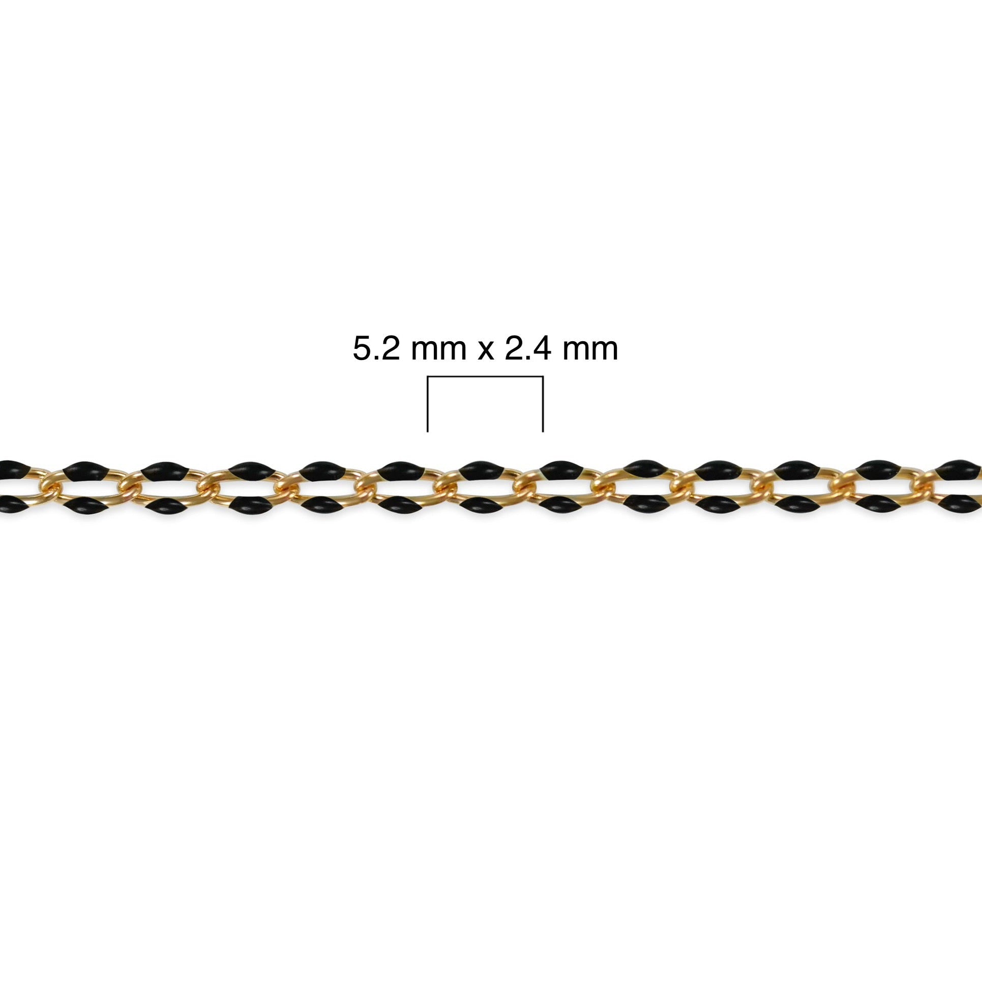 Gold filled chain with black enamel and measurement details on a white background