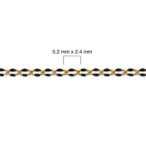 Gold filled chain with black enamel and measurement details on a white background