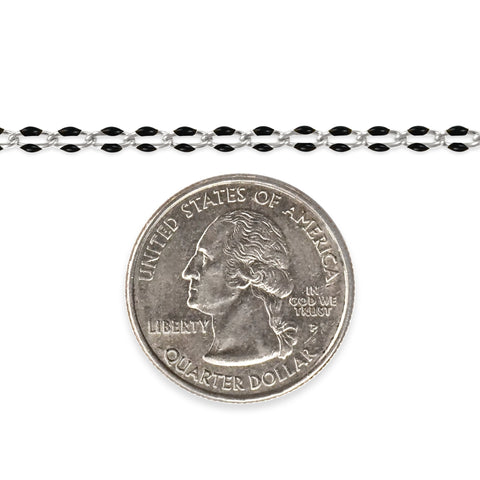 Silver chain with black enamel next to a quarter on a white background