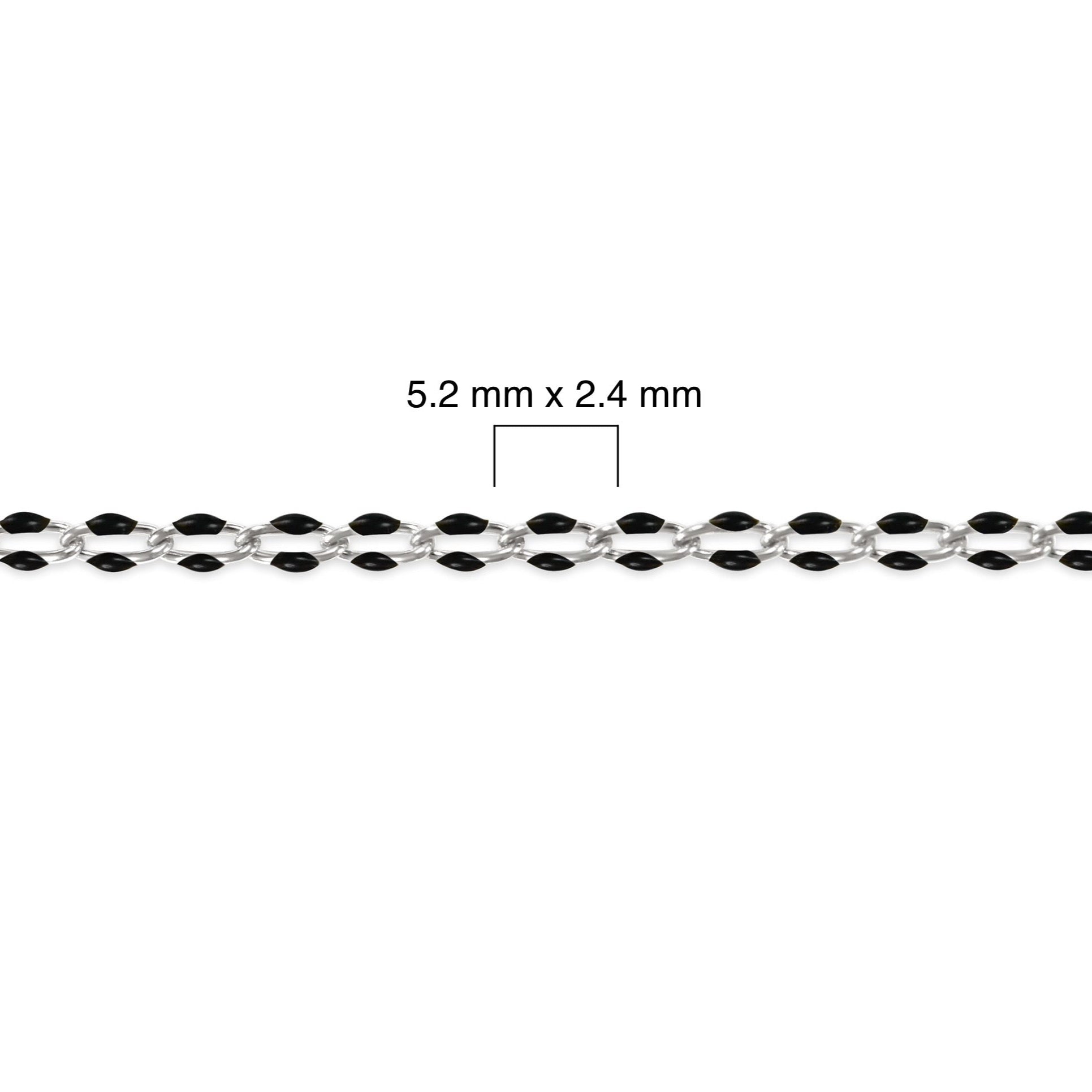 Silver chain with black enamel and measurement details on a white background