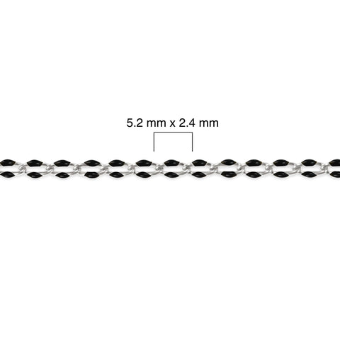 Silver chain with black enamel and measurement details on a white background