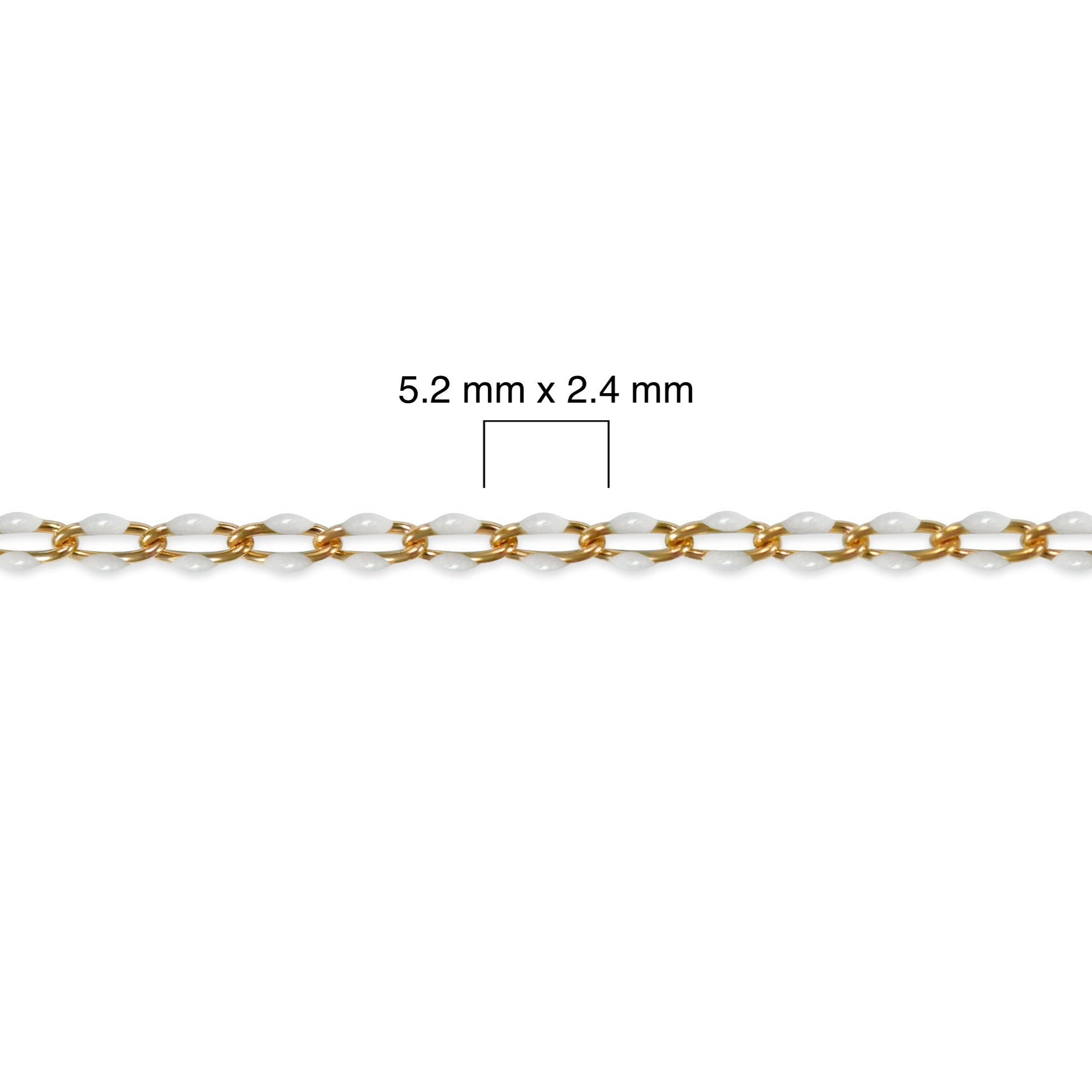 Gold filled chain with white enamel and measurement details on a white background