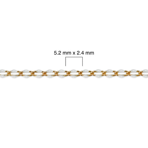 Gold filled chain with white enamel and measurement details on a white background