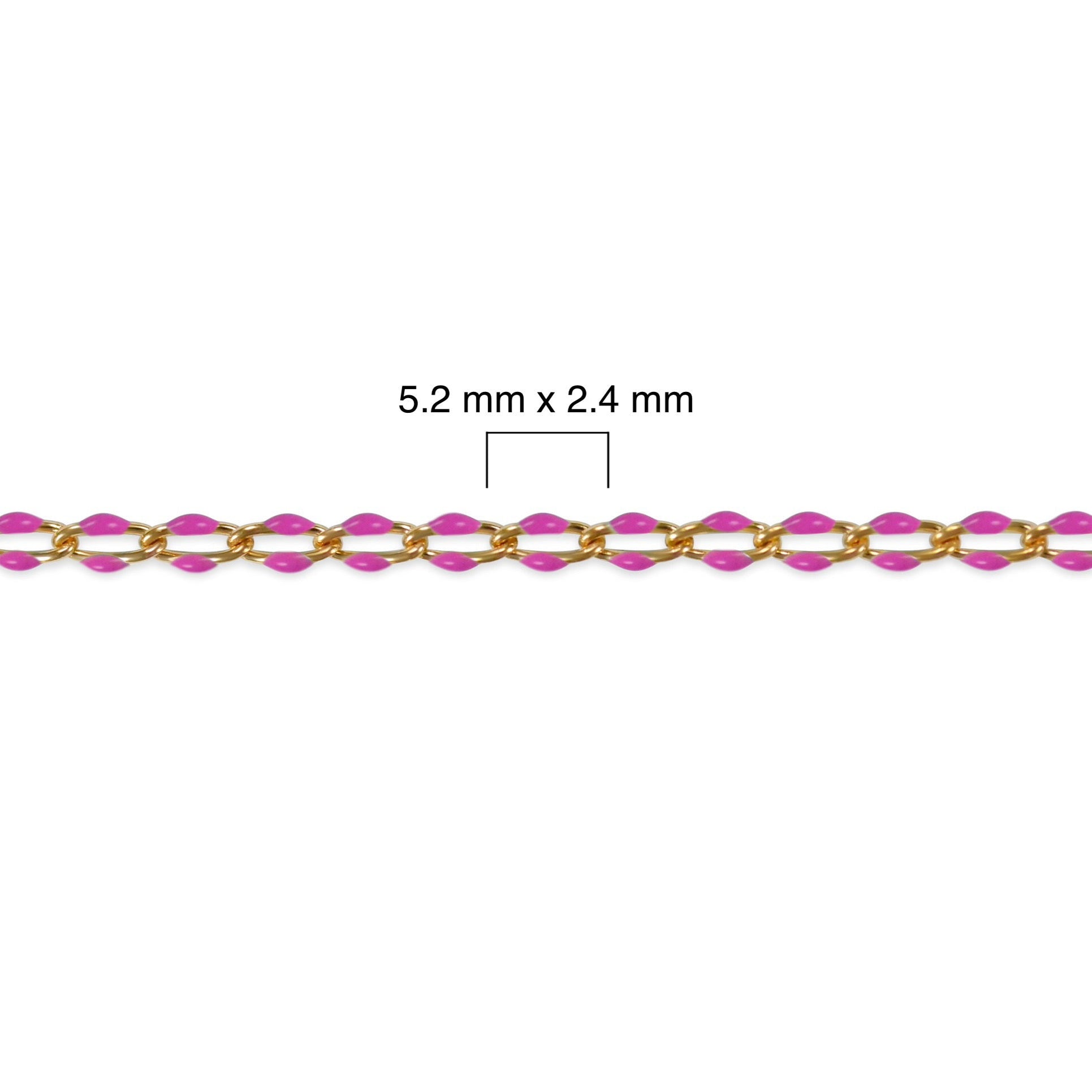 Gold filled chain with pink enamel and measurement details on a white background