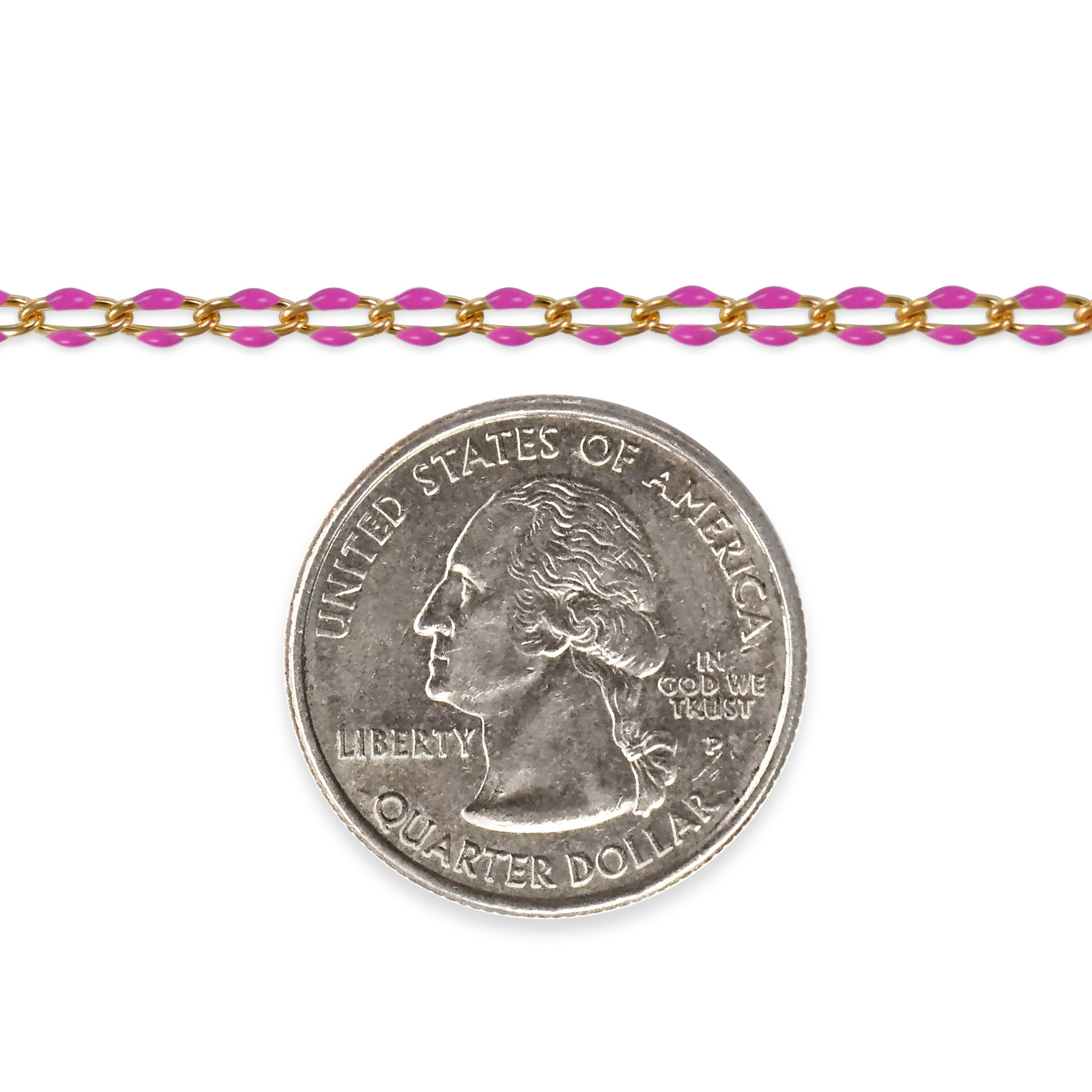 Gold filled chain with pink enamel next to a quarter on a white background