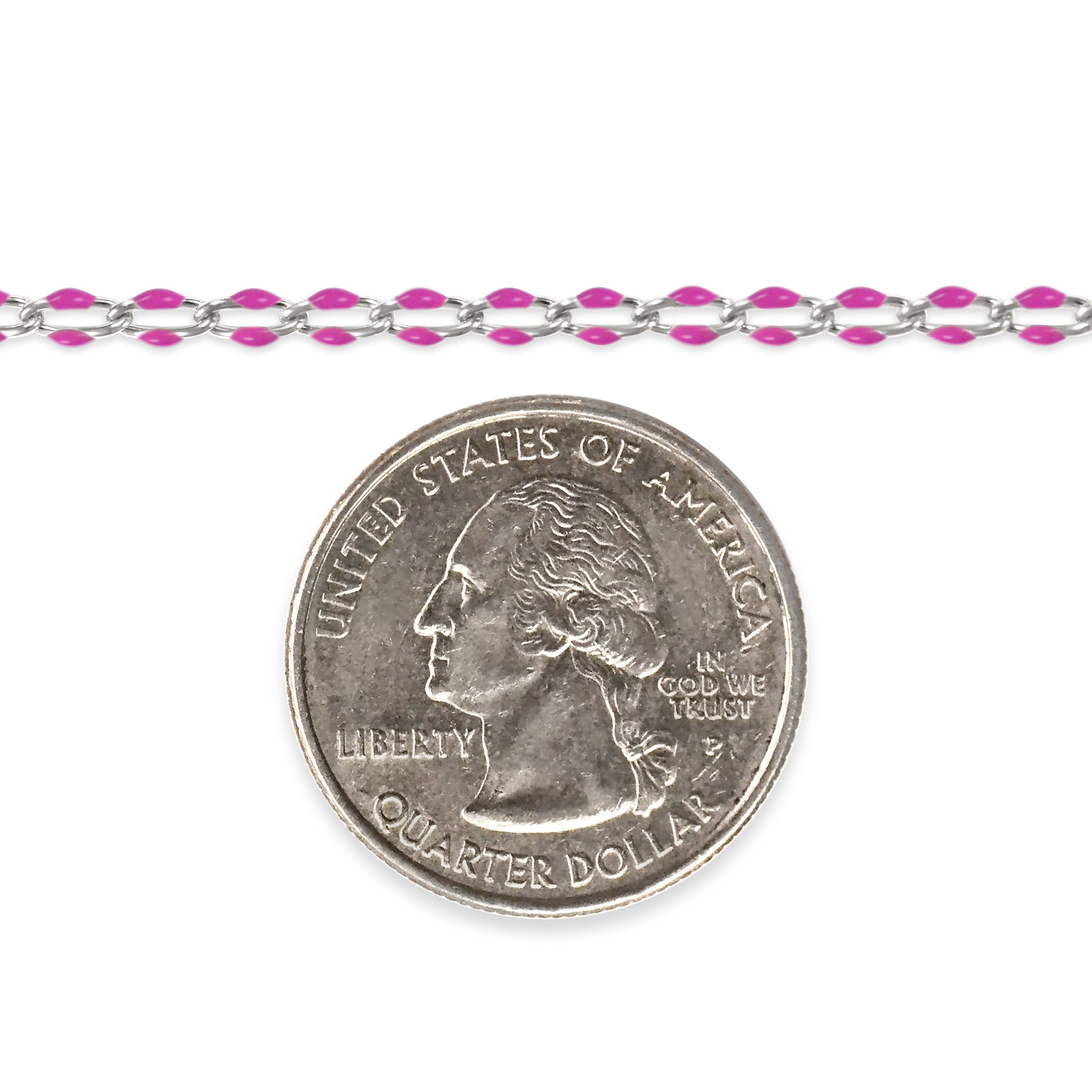 Silver chain with pink enamel next to a quarter on a white background