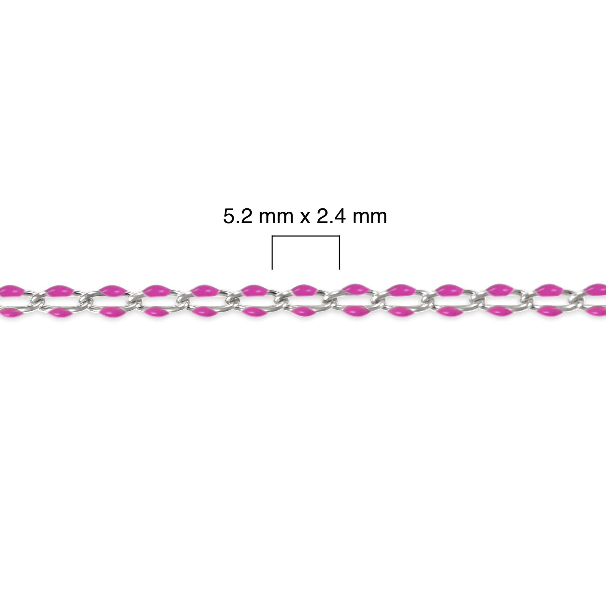 Close-up of a pink enamel and silver chain with dimensions labeled on a white background