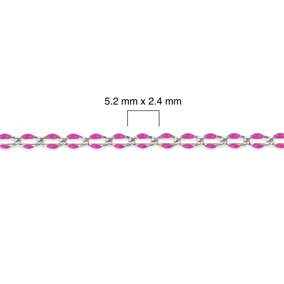 Close-up of a pink enamel and silver chain with dimensions labeled on a white background