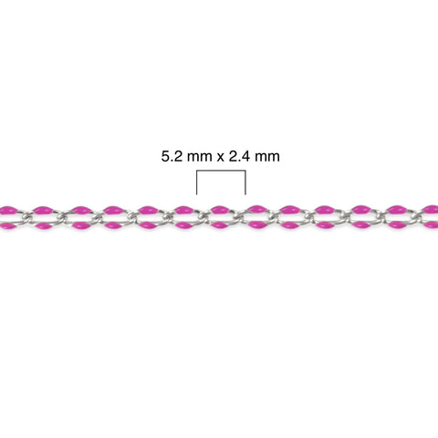 Close-up of a pink enamel and silver chain with dimensions labeled on a white background