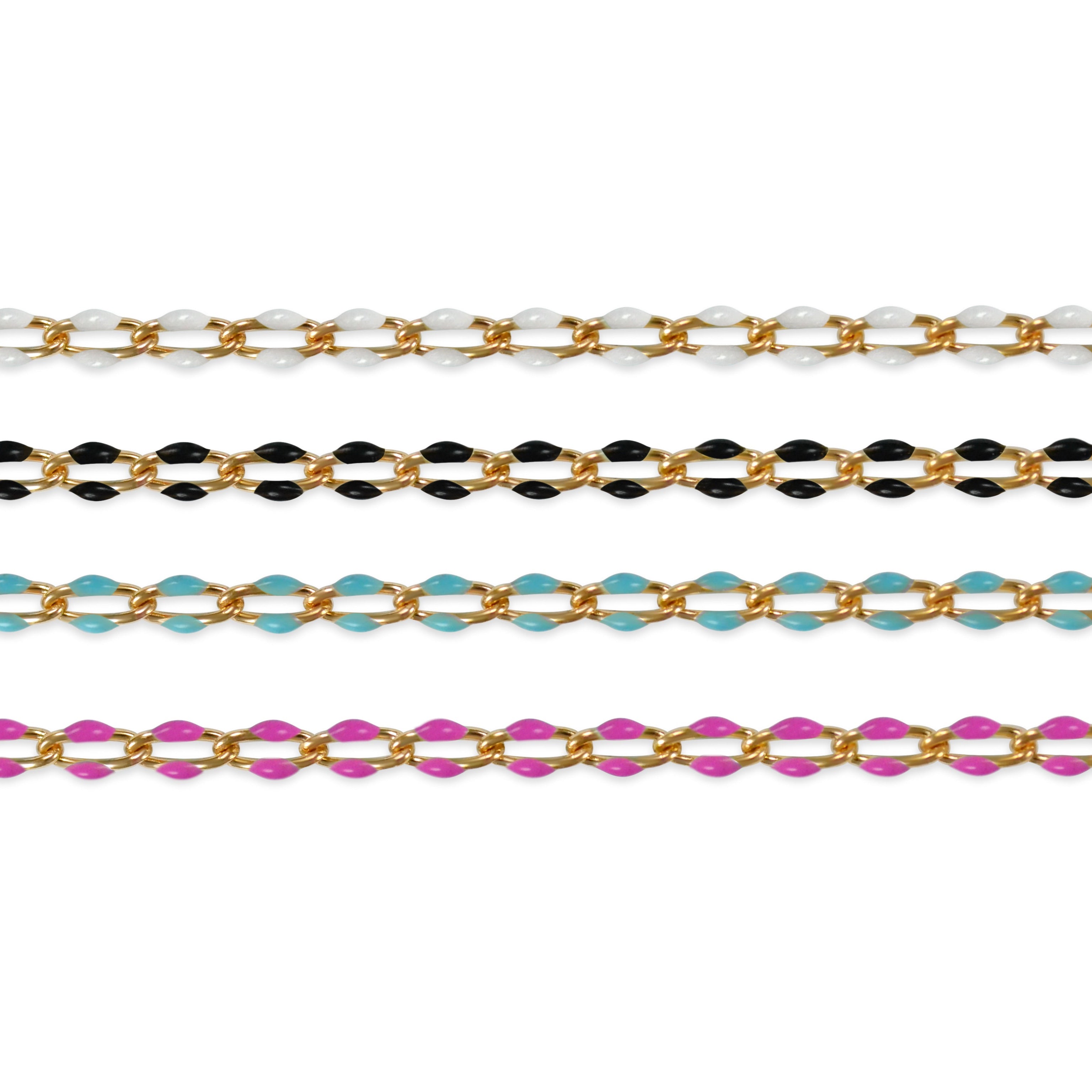 Gold filled chains with colorful enamel options on a white background