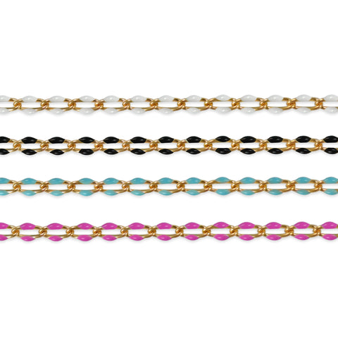 Gold filled chains with colorful enamel options on a white background