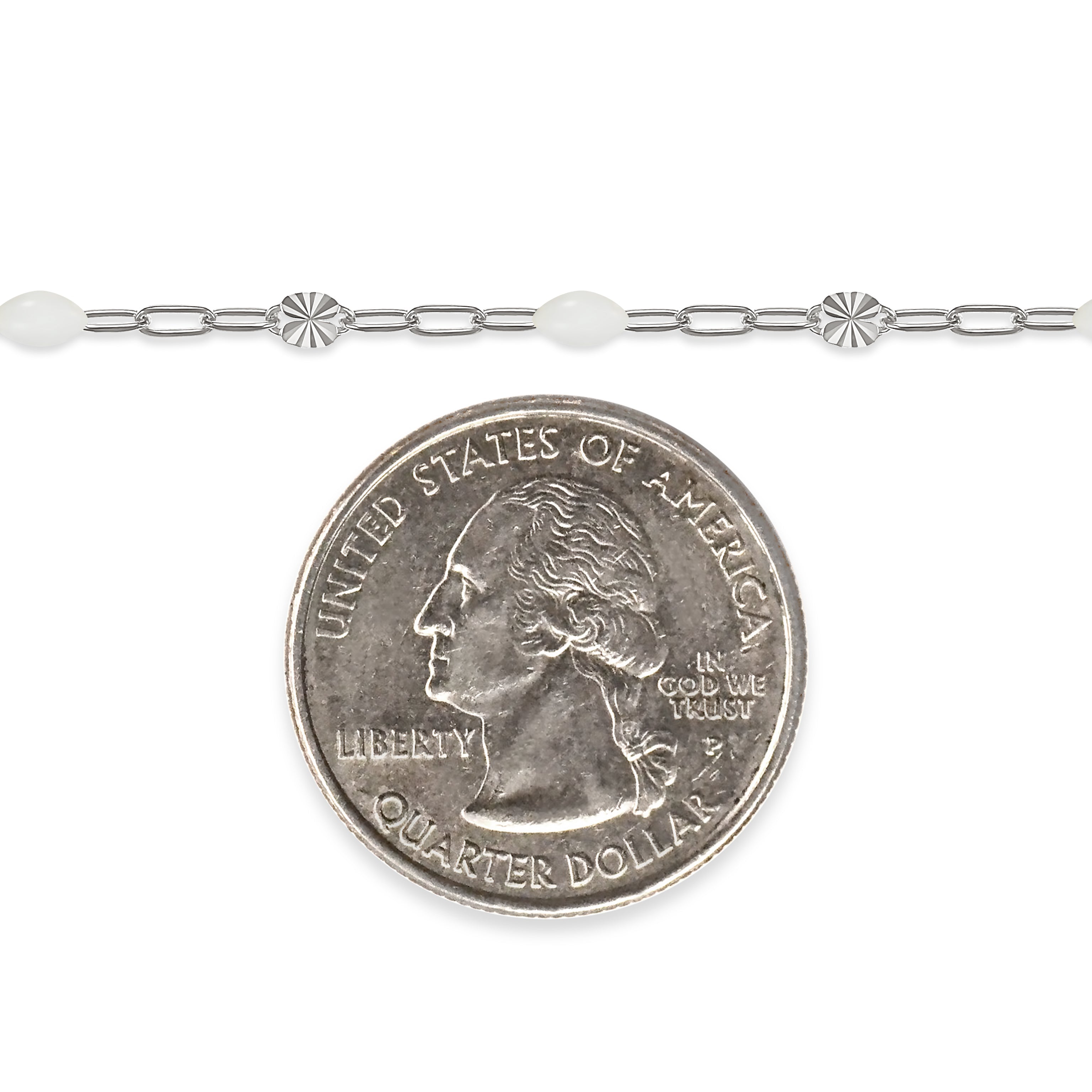 Silver chain with white enamel and a quarter dollar coin on a white background