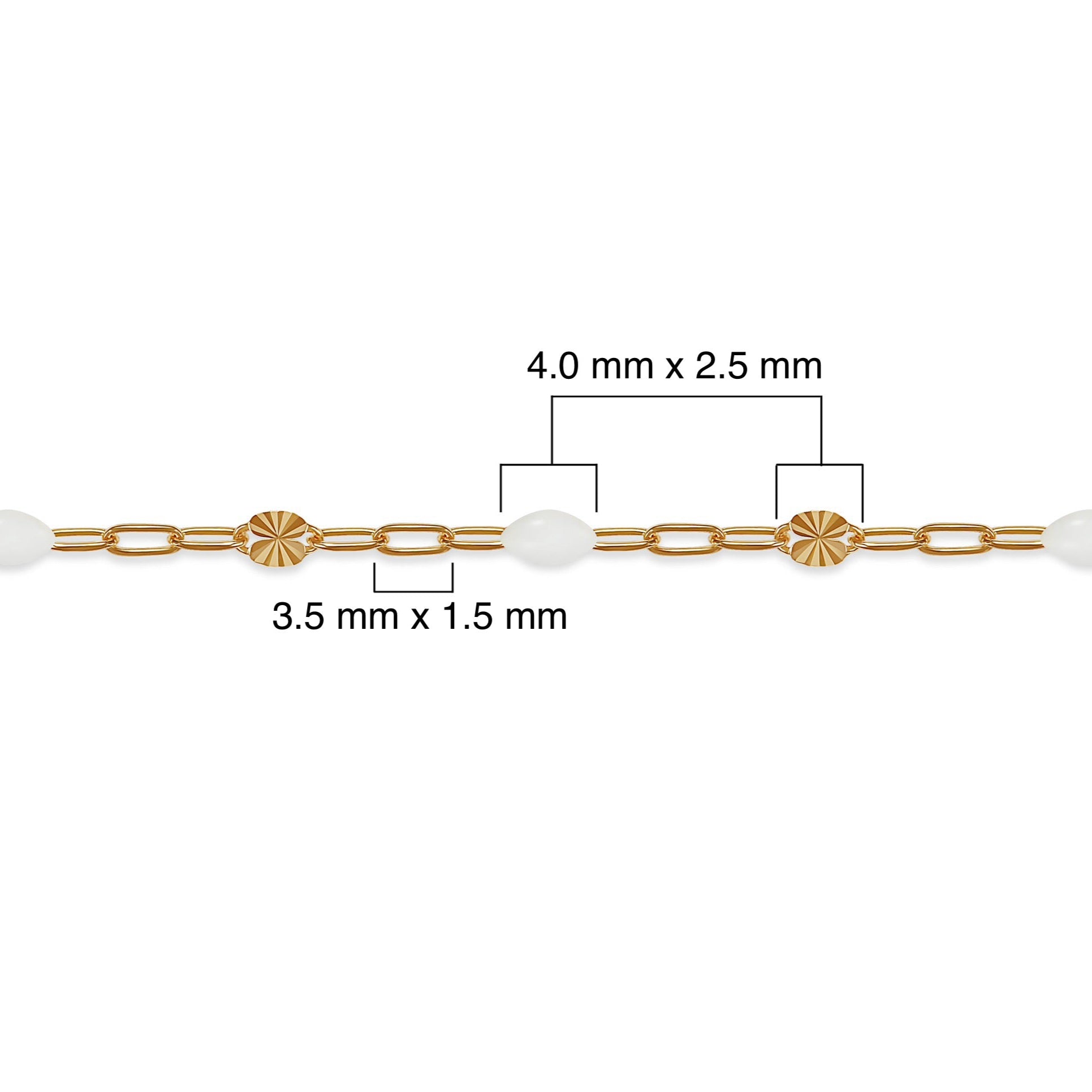Gold filled chain with white enamel and measurements on a white background