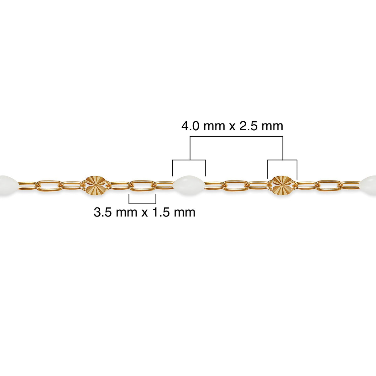 Gold filled chain with white enamel and measurements on a white background