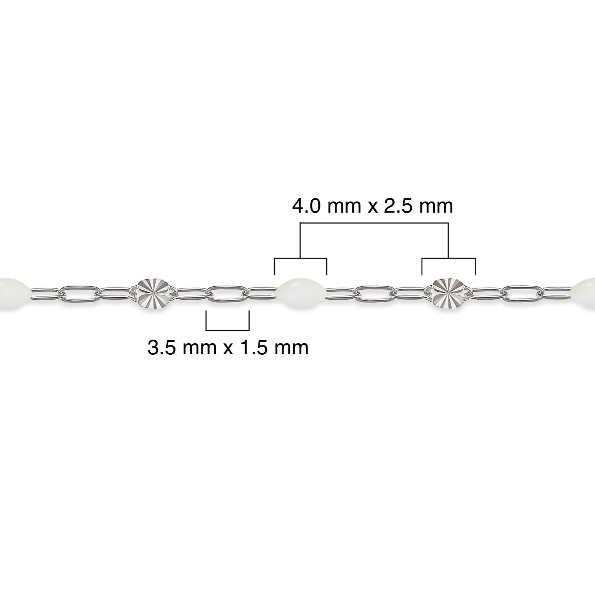 Silver chain with white enamel and measurements on a white background