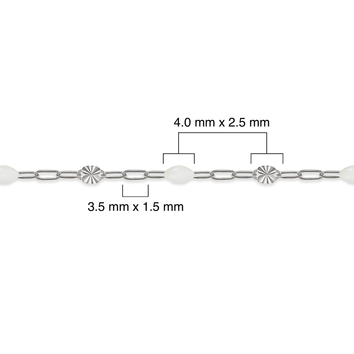Silver chain with white enamel and measurements on a white background