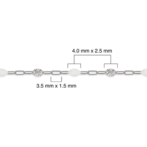 Silver chain with white enamel and measurements on a white background