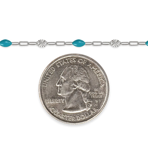 Silver chain with sky blue enamel and a quarter dollar coin on a white background