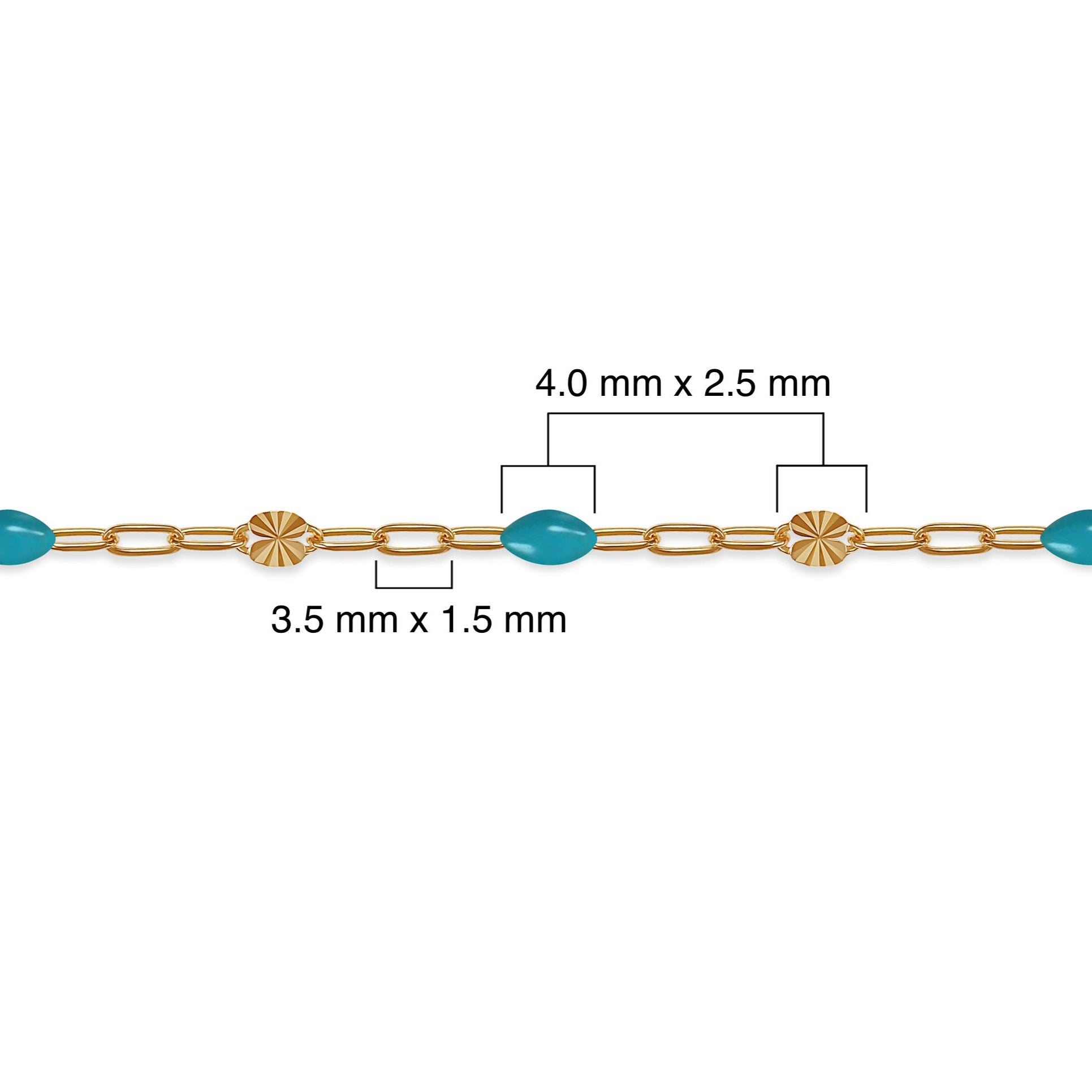 Gold chain with turquoise beads and measurements on a white background
