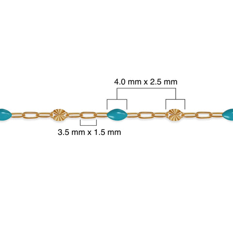 Gold chain with turquoise beads and measurements on a white background