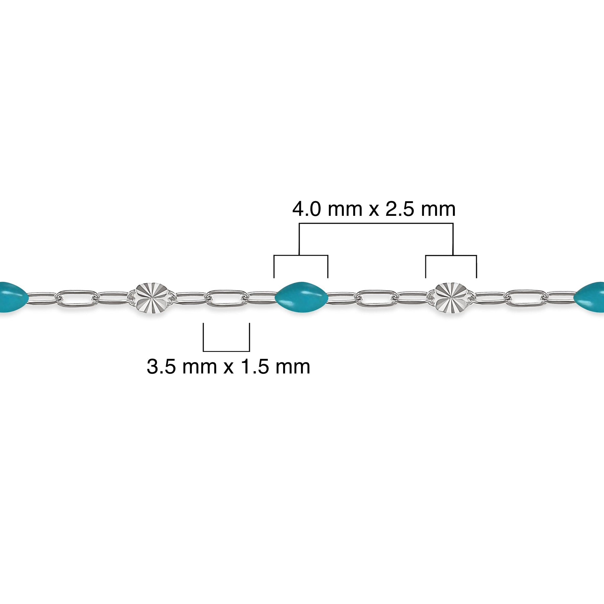 Silver chain with sky blue enamel and measurements on a white background