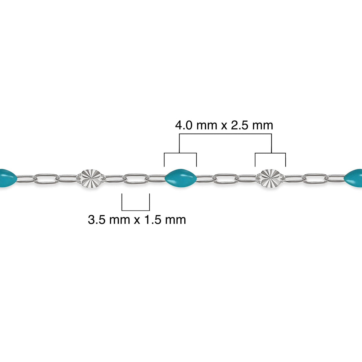 Silver chain with sky blue enamel and measurements on a white background