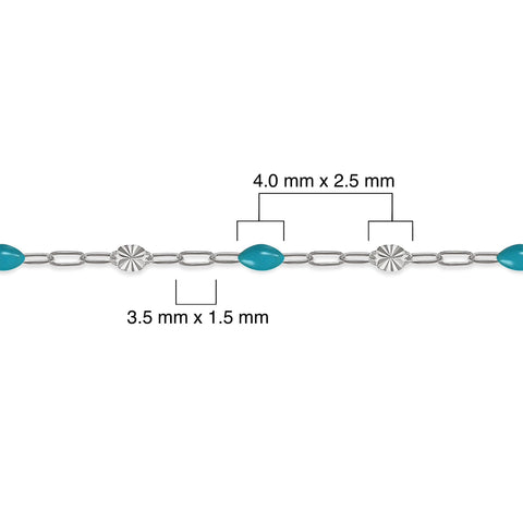 Silver chain with sky blue enamel and measurements on a white background