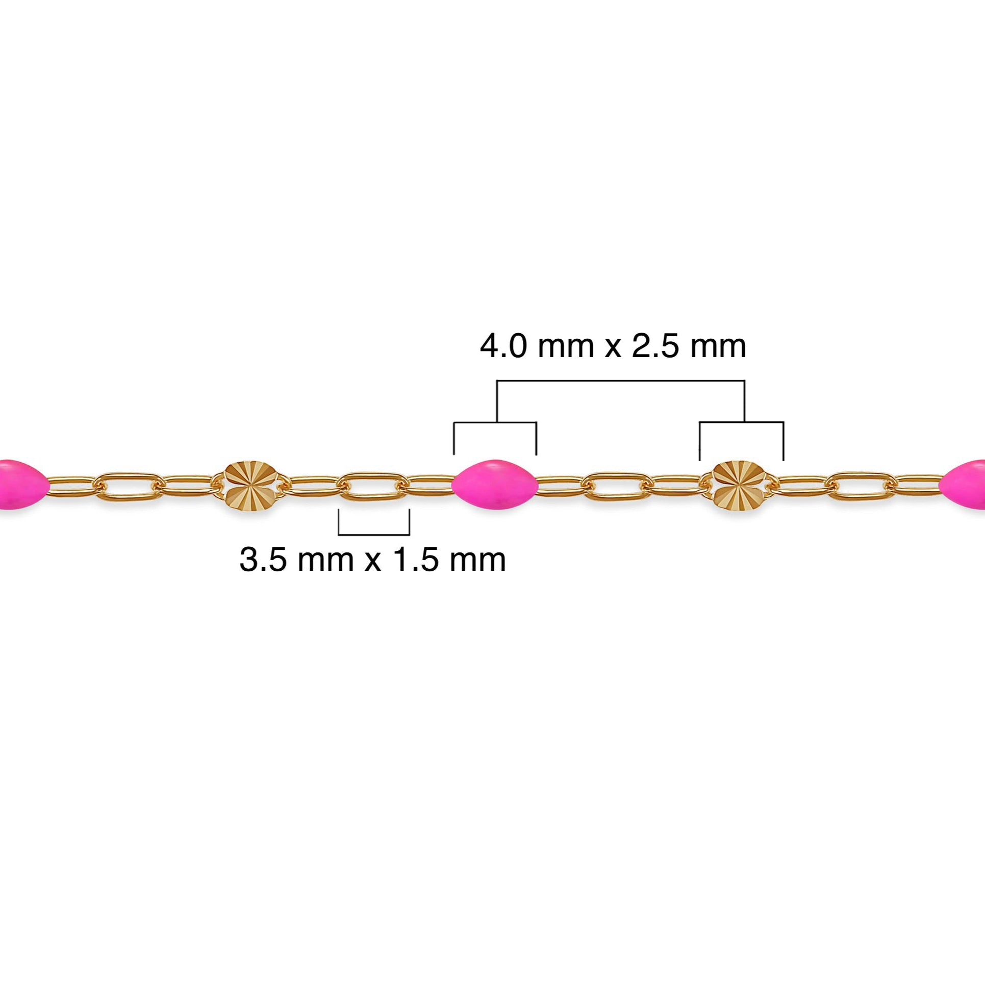 Gold chain with pink beads and measurements on a white background
