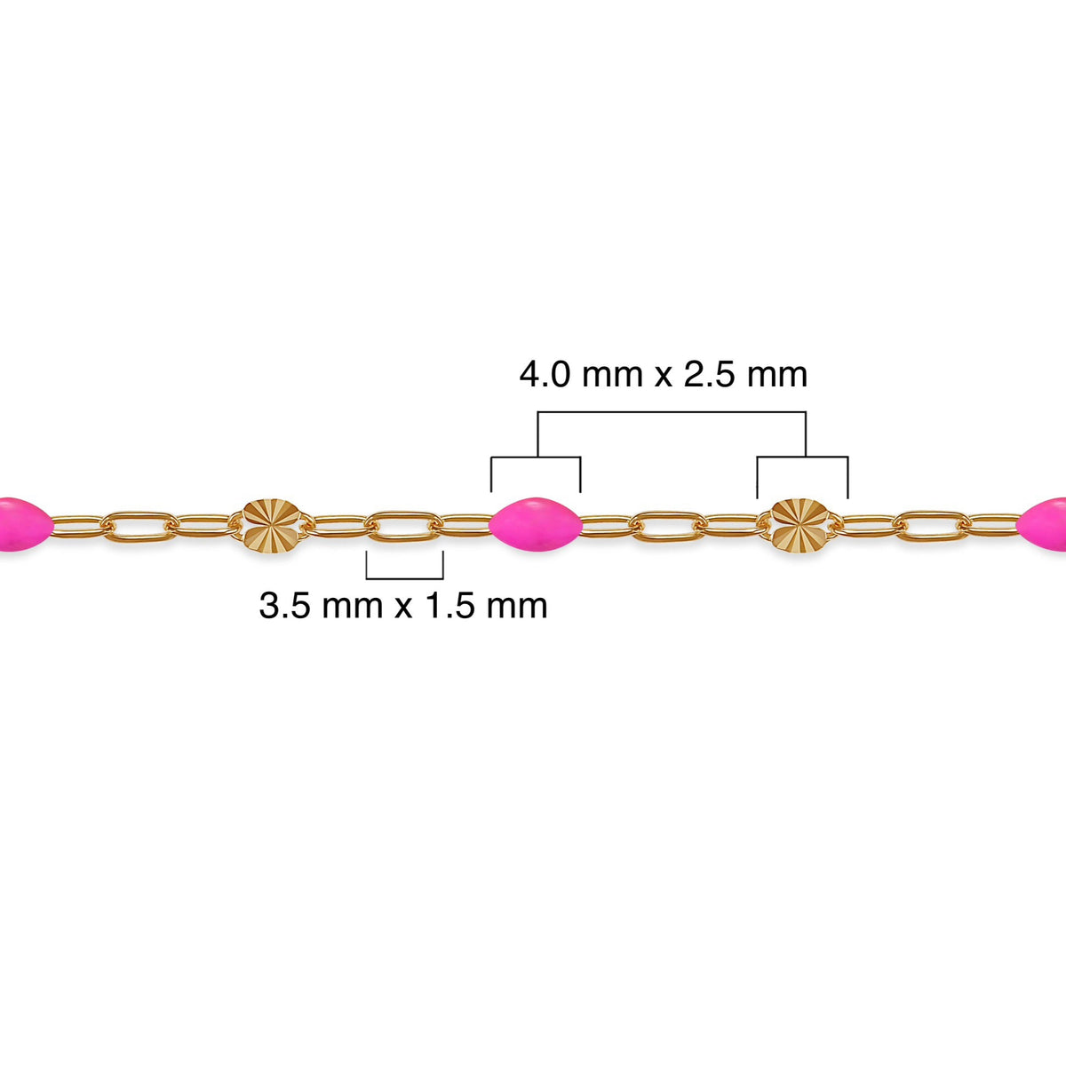Gold chain with pink beads and measurements on a white background