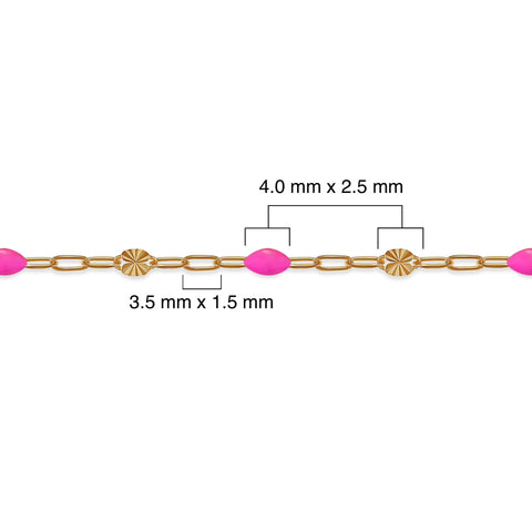Gold chain with pink beads and measurements on a white background