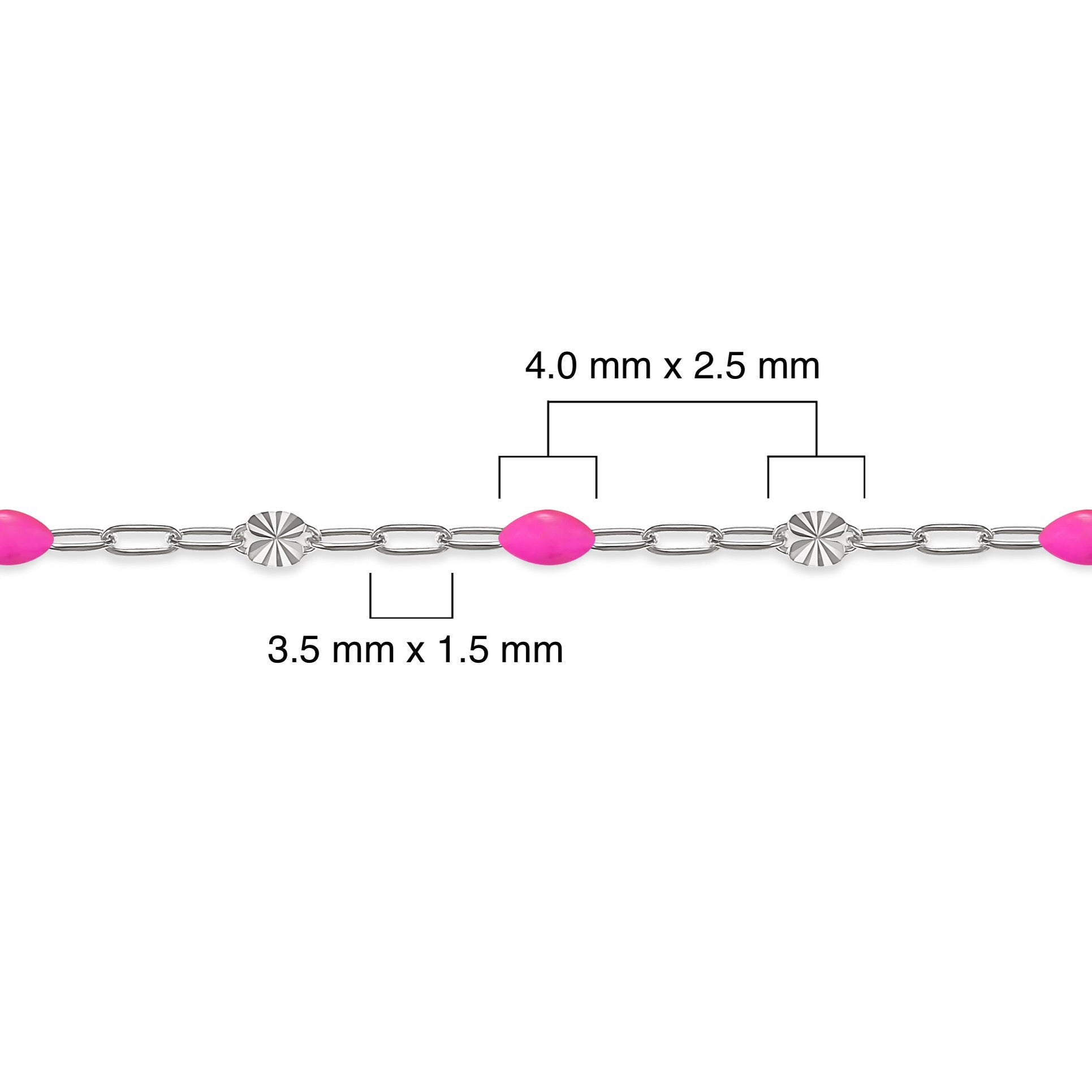 Silver chain with pink enamel and measurements on a white background