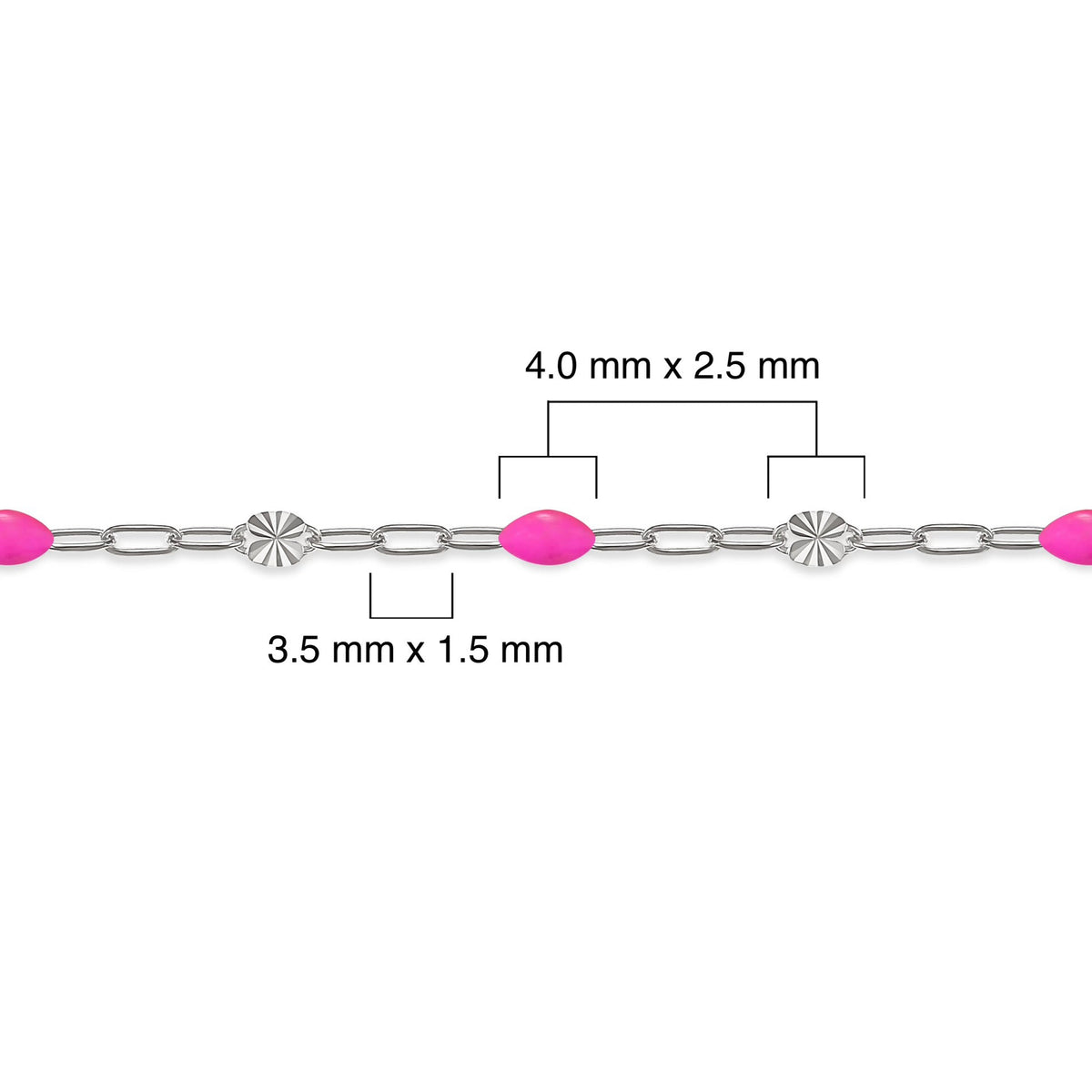 Silver chain with pink enamel and measurements on a white background